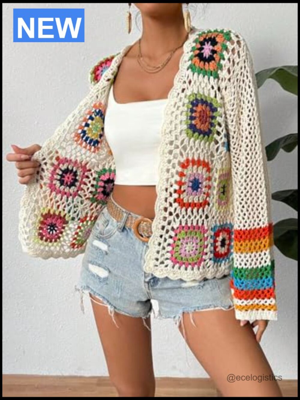 Floral Crochet Open Front Cardigan Sweater Long Sleeve Lightweight - Picture 4 of 7